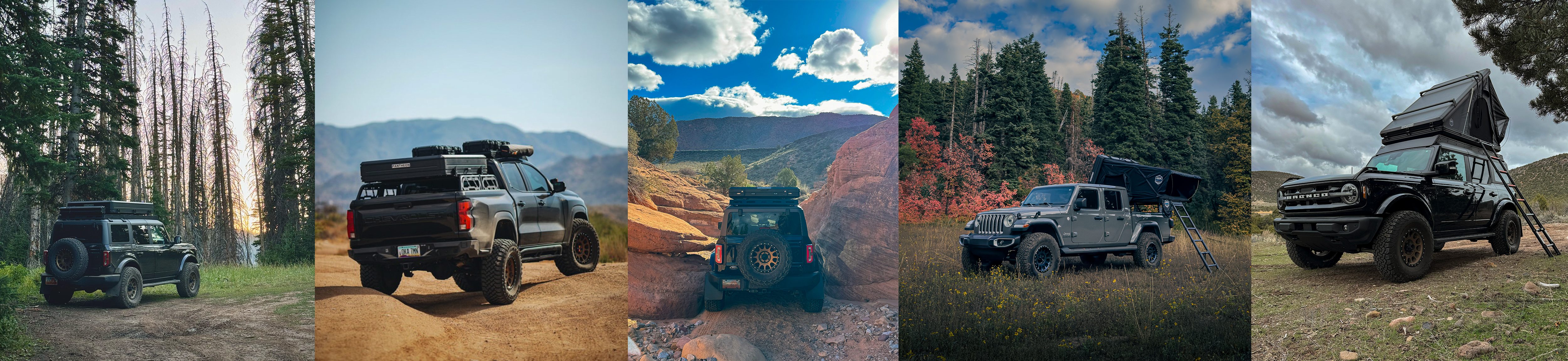 Pantheon adventure vehicles in mountain, forest, and desert landscapes